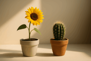Girasol y cactus bajo la luz del amanecer, símbolo de dos tipos de amistad que siguen vivas pese a la distancia.