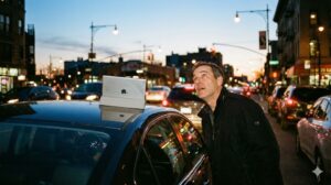 Hombre mirando con asombro un iPad olvidado en el techo de su coche al atardecer.